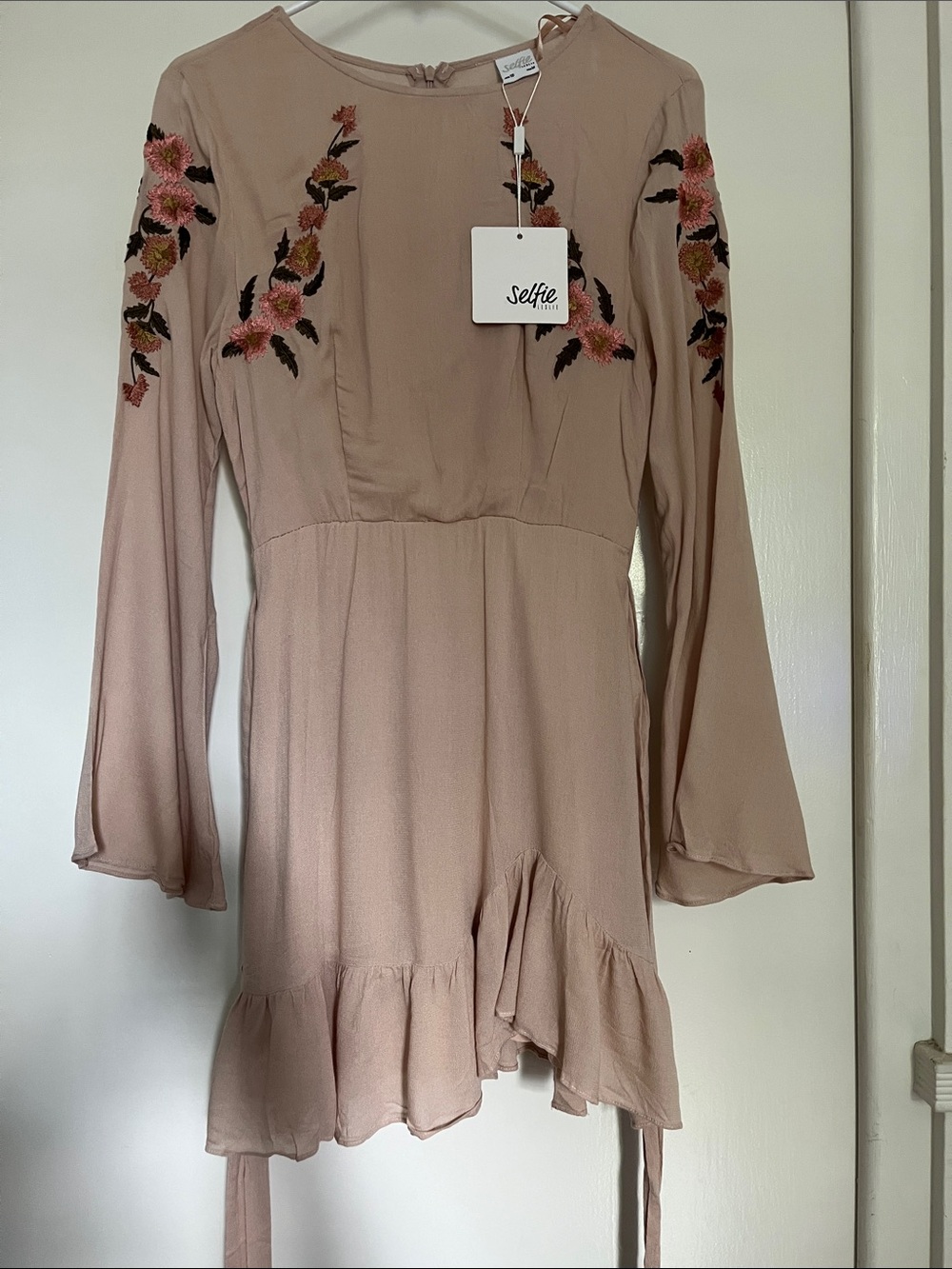 Selfie Leslie Blush Pink Floral Embroidered Long Sleeve Dress